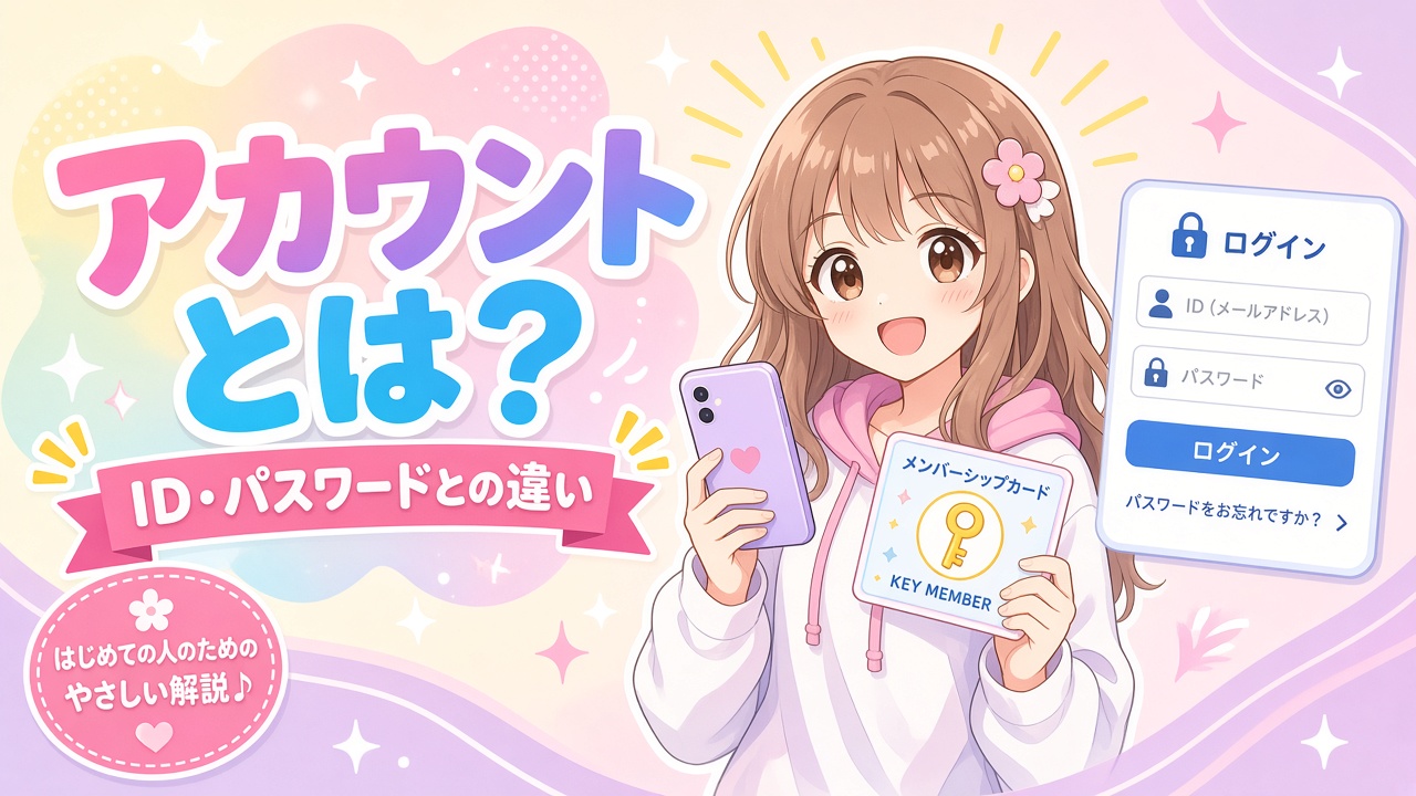スマホと会員証を持つ女の子と「アカウントとは？」の文字（AIイラスト）