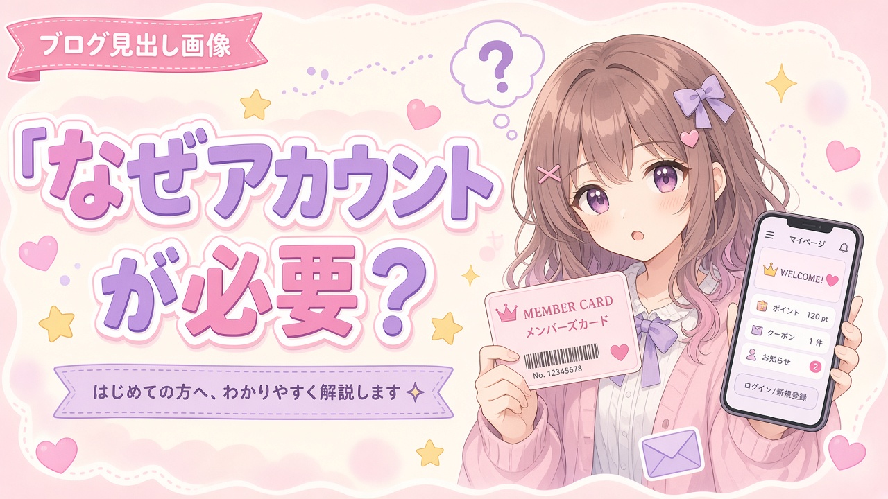 会員証とスマホを持つ女の子と「なぜアカウントが必要?」の文字(AIイラスト)