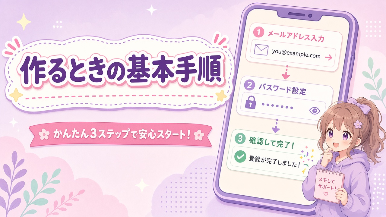 登録3ステップの画面と「作るときの基本手順」の文字(AIイラスト)