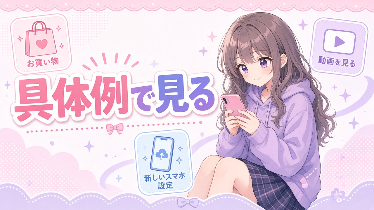 スマホを見る女の子と「具体例で見る」の文字(AIイラスト)