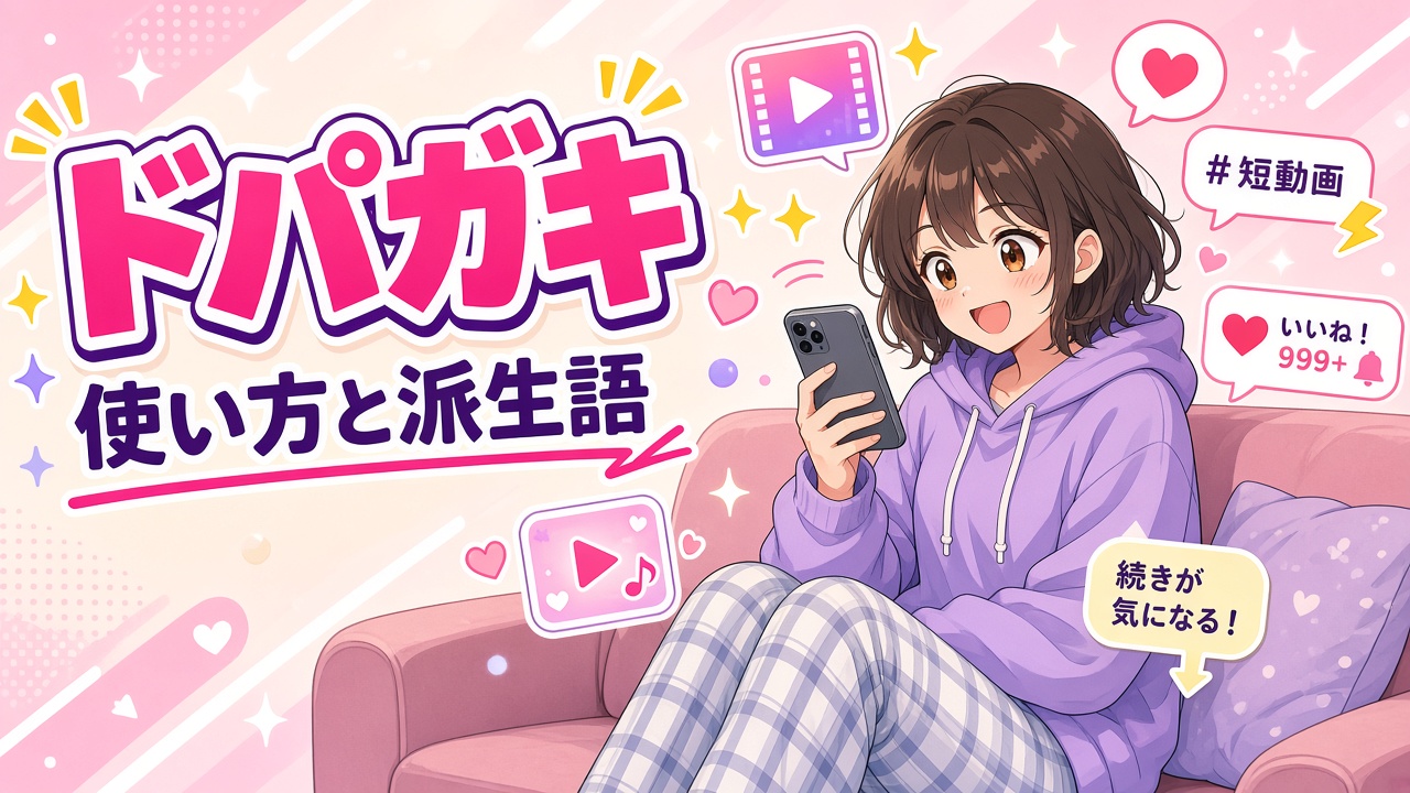 スマホを手にソファでくつろぐアニメ調の女の子と「ドパガキ 使い方と派生語」の文字（AIイラスト）
