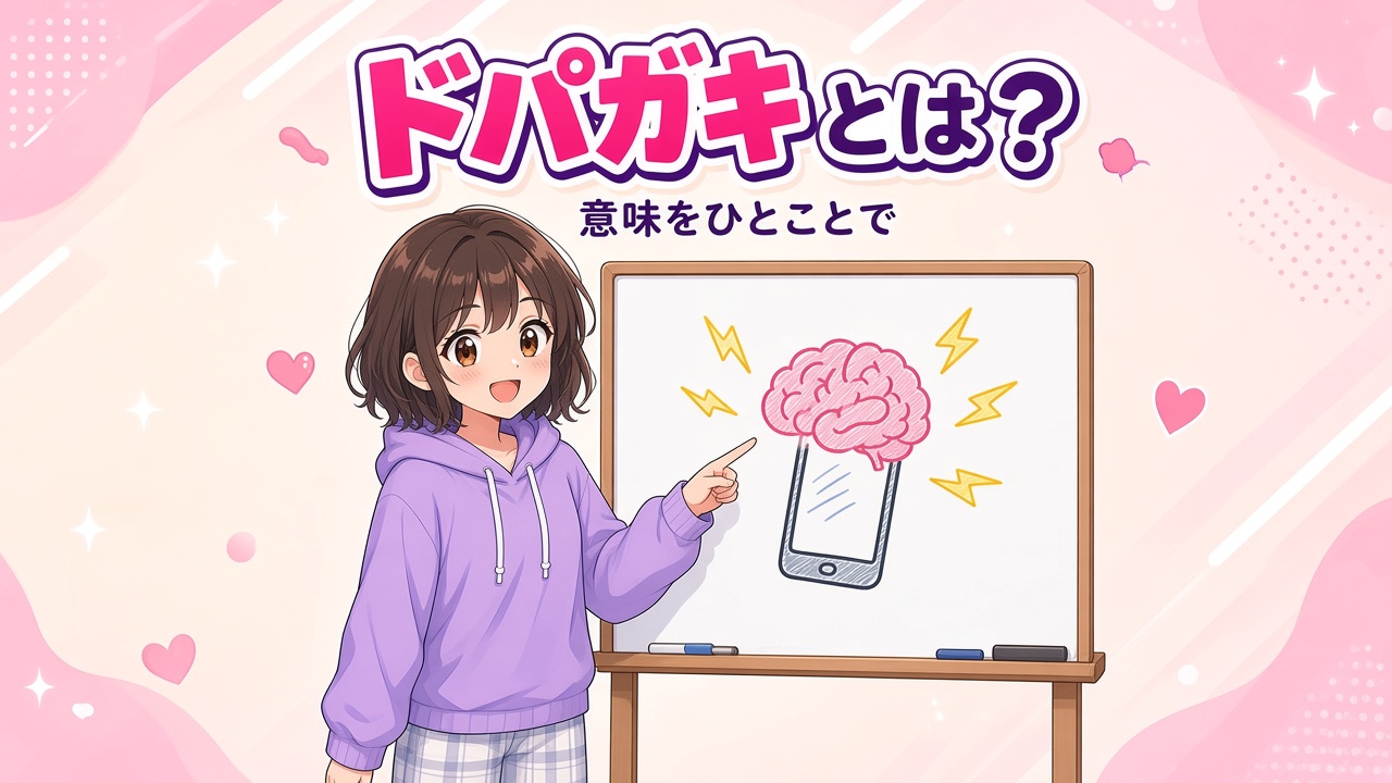 ホワイトボードのスマホと脳のイラストを指さして説明する女の子と「ドパガキとは？意味をひとことで」の文字（AIイラスト）