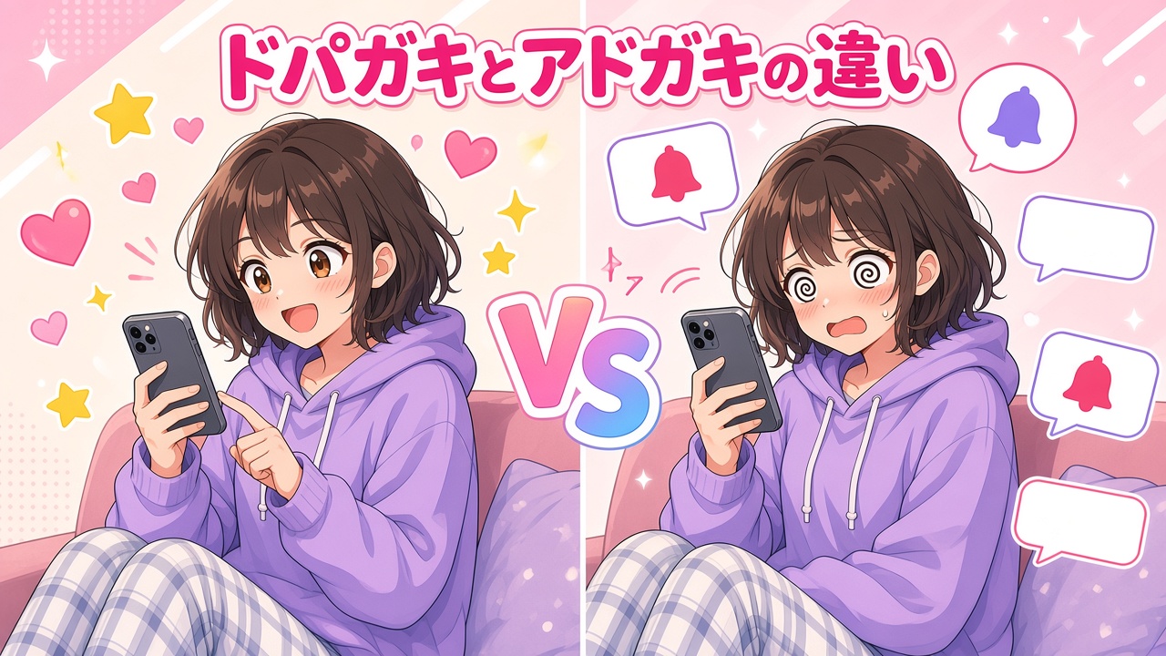 楽しそうに動画を見る女の子と通知に目を回す女の子の対比と「ドパガキとアドガキの違い」の文字（AIイラスト）
