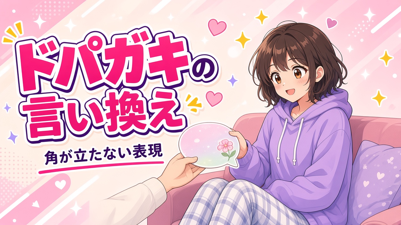 花の吹き出しを差し出す笑顔の女の子と「ドパガキの言い換え 角が立たない表現」の文字（AIイラスト）