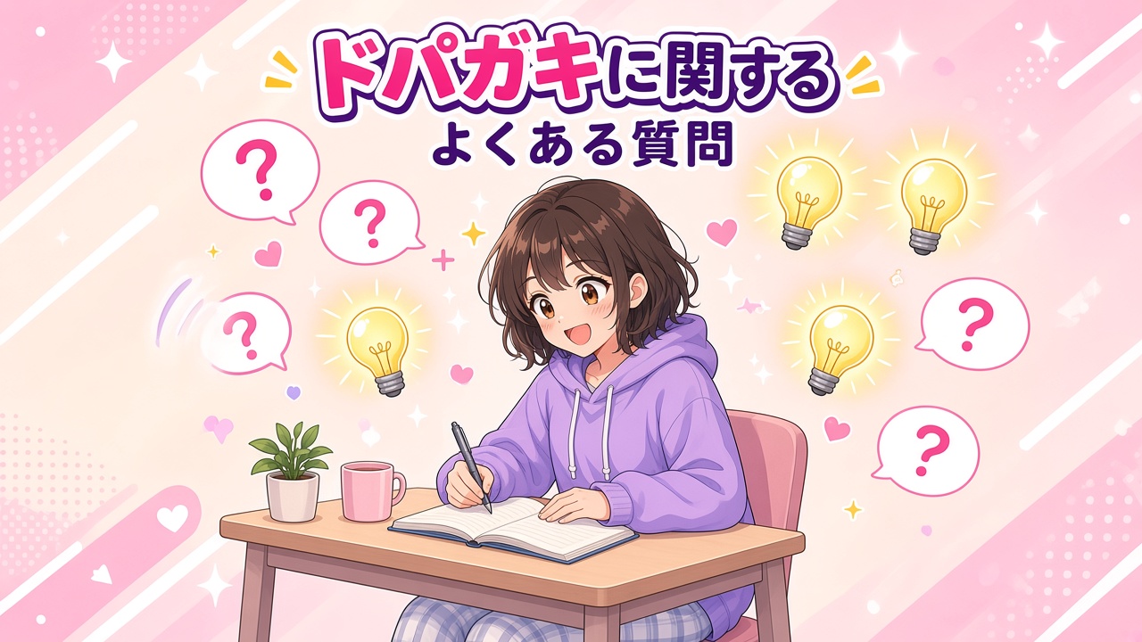 疑問符と電球に囲まれて机でノートを書く女の子と「ドパガキに関するよくある質問」の文字（AIイラスト）