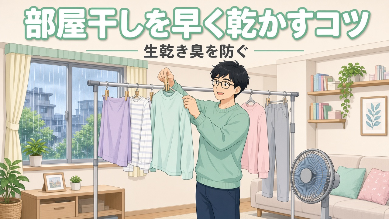 雨の日に扇風機の風を当てて部屋干しする男性と「部屋干しを早く乾かすコツ 生乾き臭を防ぐ」の文字（AIイラスト）
