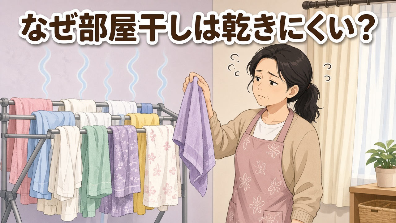 密集して干したタオルの前で首をかしげる女性と「なぜ部屋干しは乾きにくい?」の文字(AIイラスト)