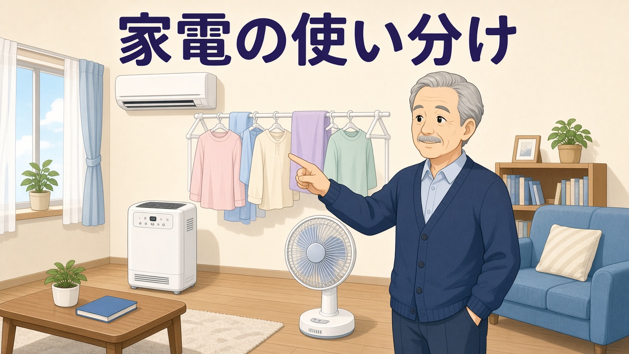除湿機・扇風機・エアコンを指して説明する男性と「家電の使い分け」の文字(AIイラスト)