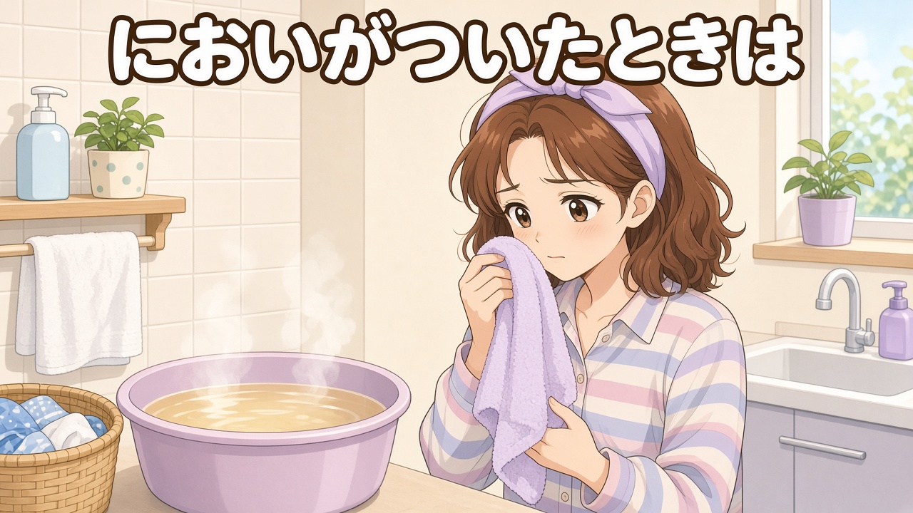 タオルのにおいを確かめる女性とお湯を張った洗面器、「においがついたときは」の文字(AIイラスト)