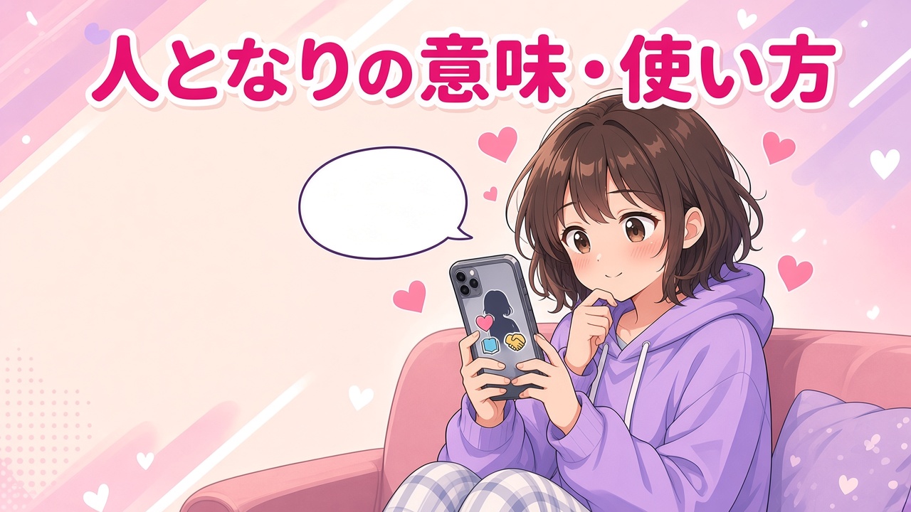 スマホで人物像を見て考える女の子と「人となりの意味・使い方」の文字（AIイラスト）