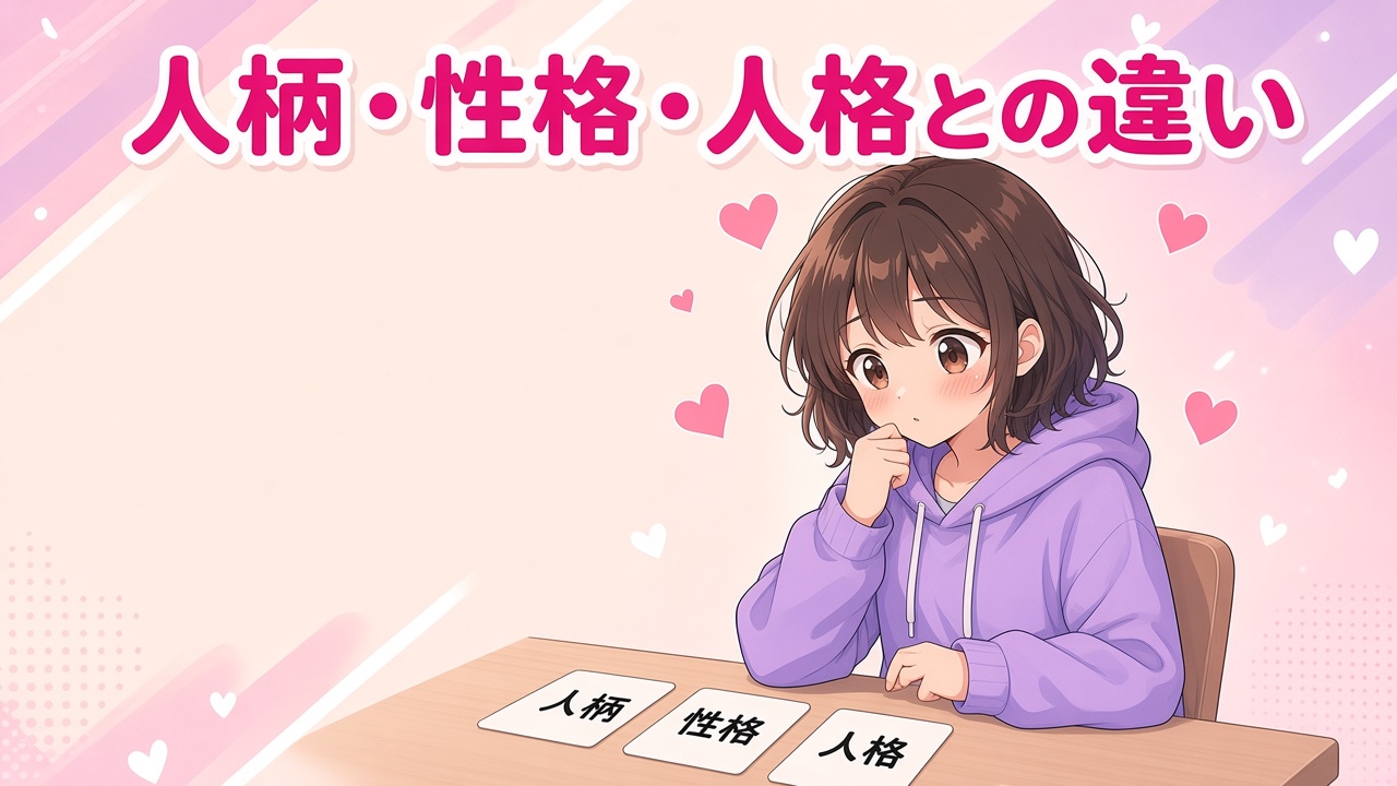 人柄・性格・人格の札を比べる女の子と「人柄・性格・人格との違い」の文字（AIイラスト）