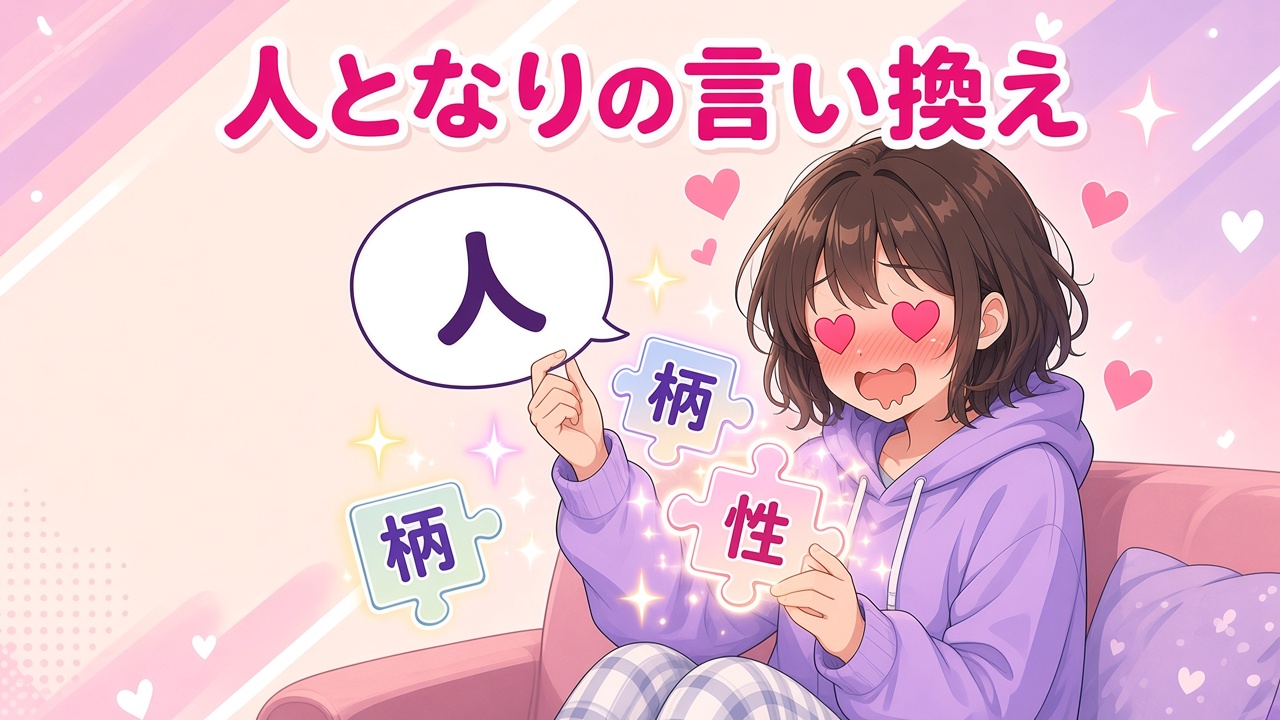 言葉のピースを入れ替える女の子と「人となりの言い換え」の文字（AIイラスト）