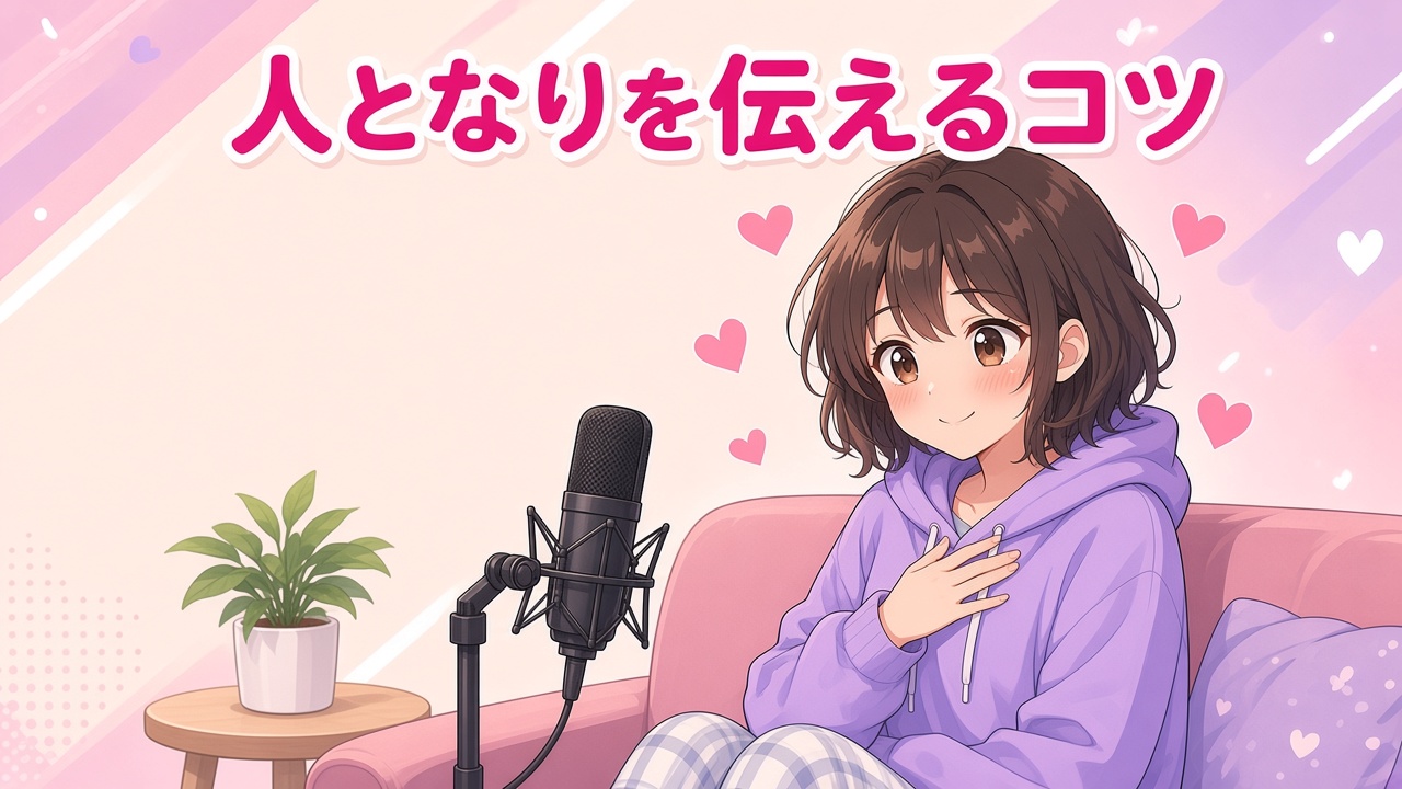 胸に手を当てて話す女の子と「人となりを伝えるコツ」の文字（AIイラスト）