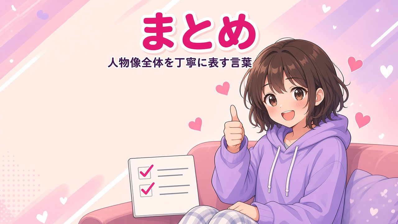 チェックリストの横で親指を立てる女の子と「まとめ」の文字（AIイラスト）