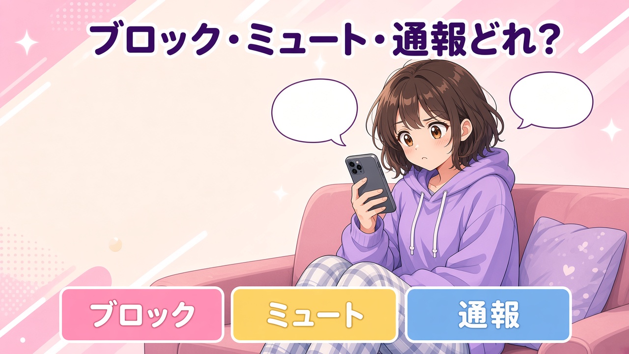 スマホを見て迷う女の子と「ブロック・ミュート・通報どれ？」の文字（AIイラスト）