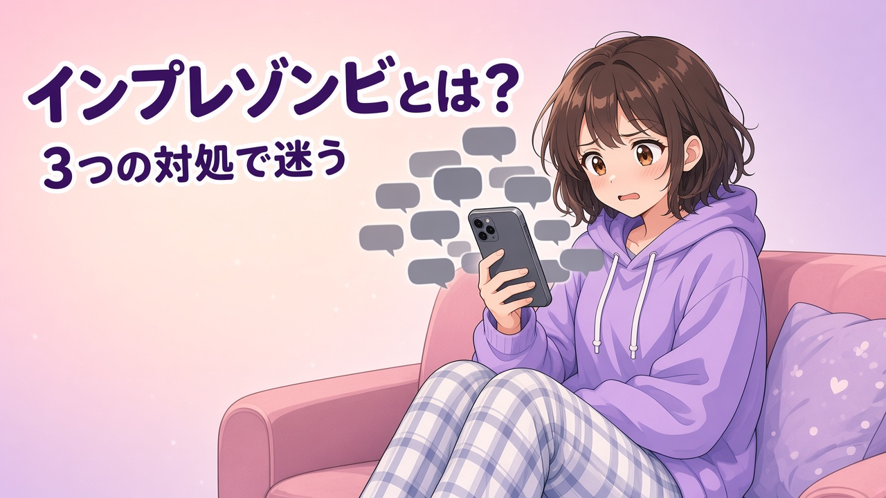 吹き出しが押し寄せるスマホを見て困る女の子と「インプレゾンビとは？」の文字（AIイラスト）