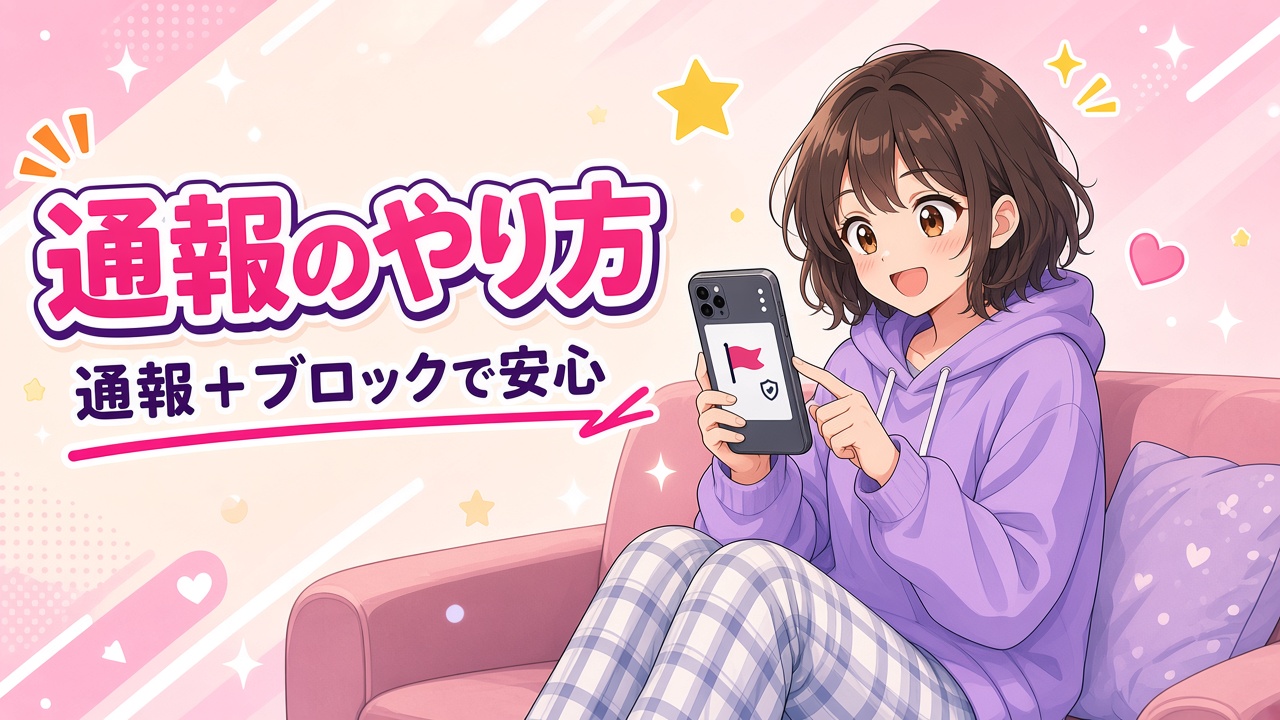 スマホの旗マークをタップする女の子と「通報のやり方」の文字（AIイラスト）