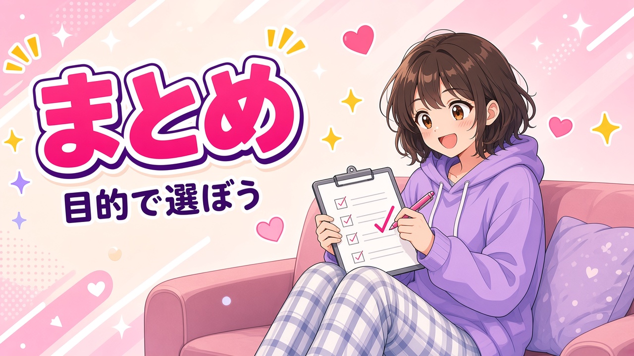 チェックリストにチェックを入れる女の子と「まとめ」の文字（AIイラスト）