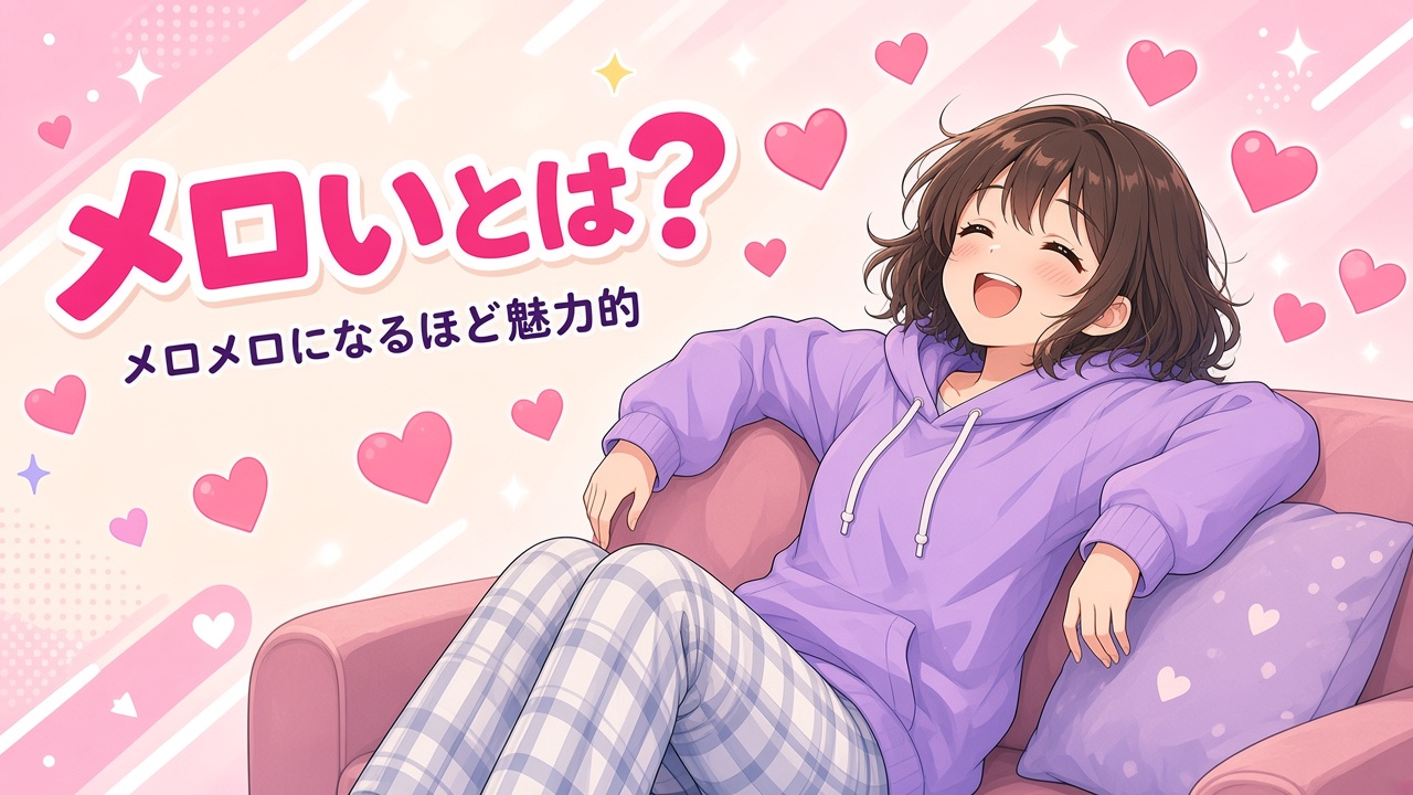 ハートに囲まれて骨抜きになる女の子と「メロいとは？」の文字（AIイラスト）