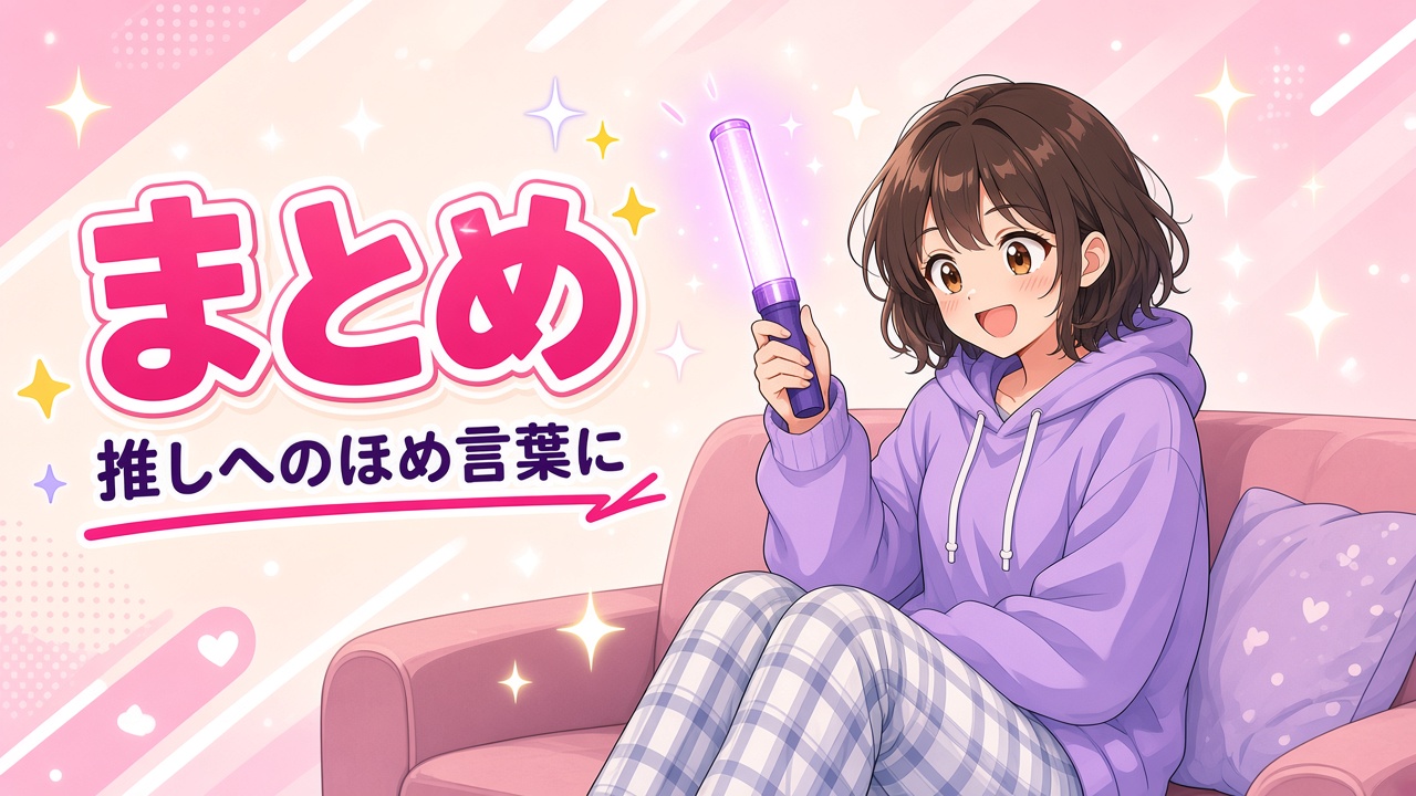ペンライトを振る女の子と「まとめ」の文字（AIイラスト）