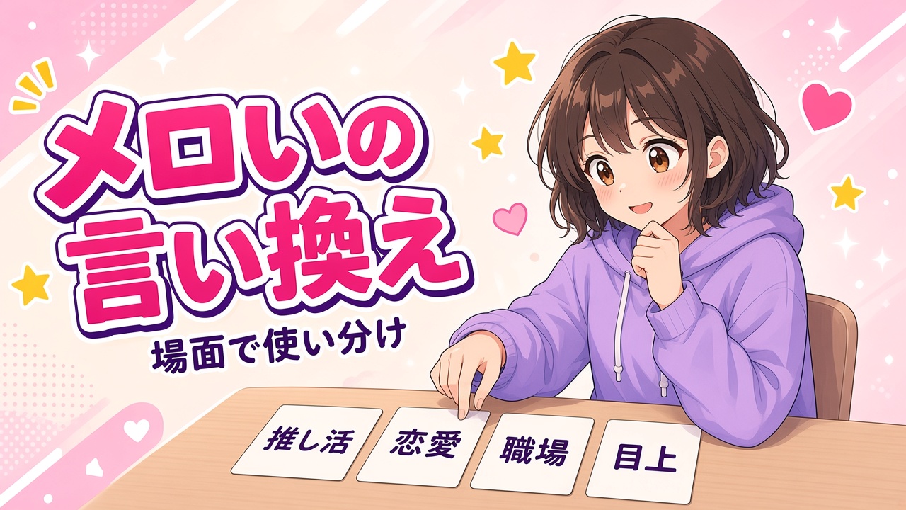 推し活・恋愛・職場・目上の札を選ぶ女の子と「メロいの言い換え」の文字（AIイラスト）