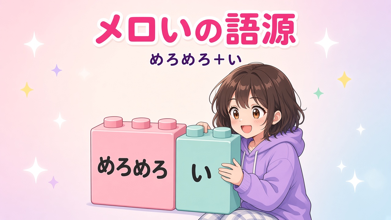 「めろめろ」と「い」のブロックを合わせる女の子と「メロいの語源」の文字（AIイラスト）