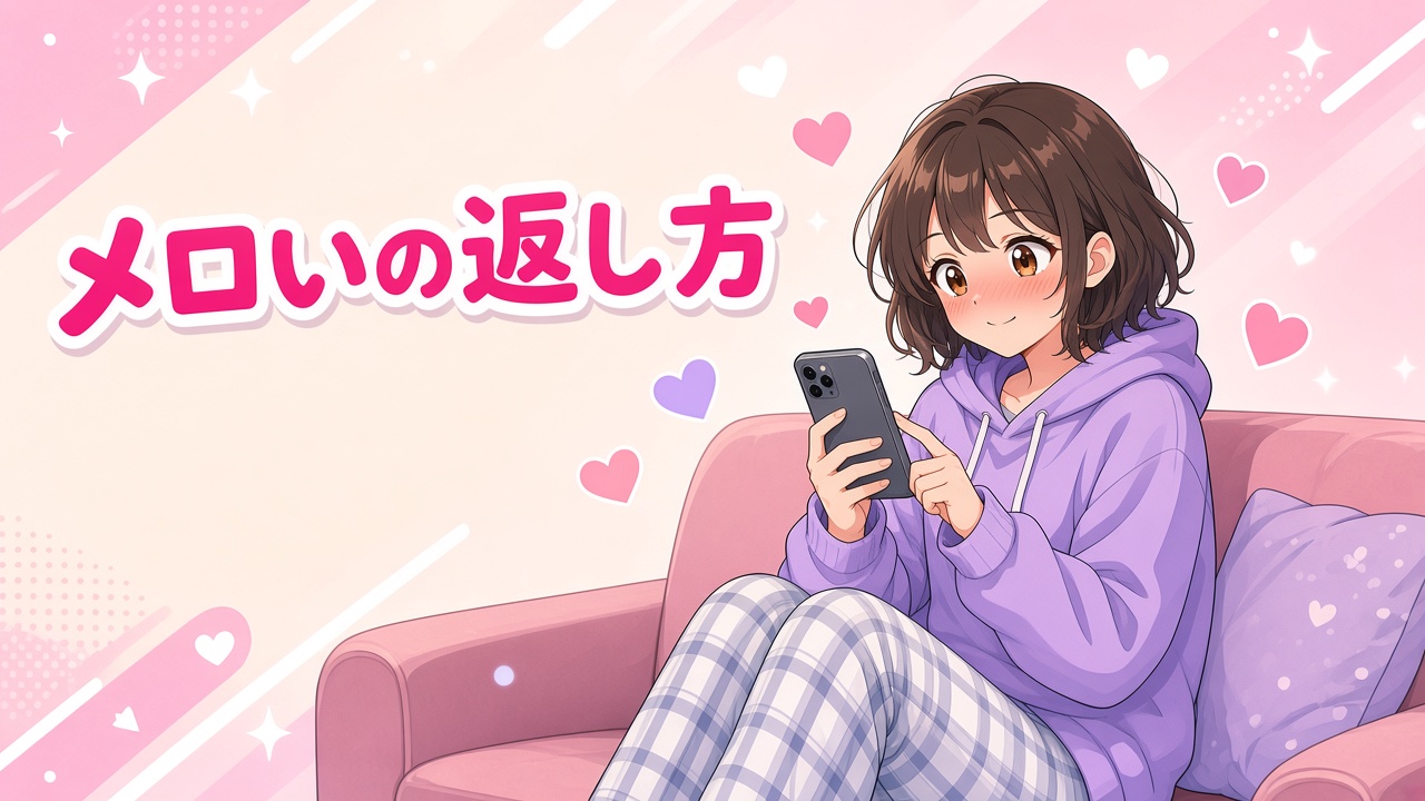 照れながらスマホで返信する女の子と「メロいの返し方」の文字（AIイラスト）