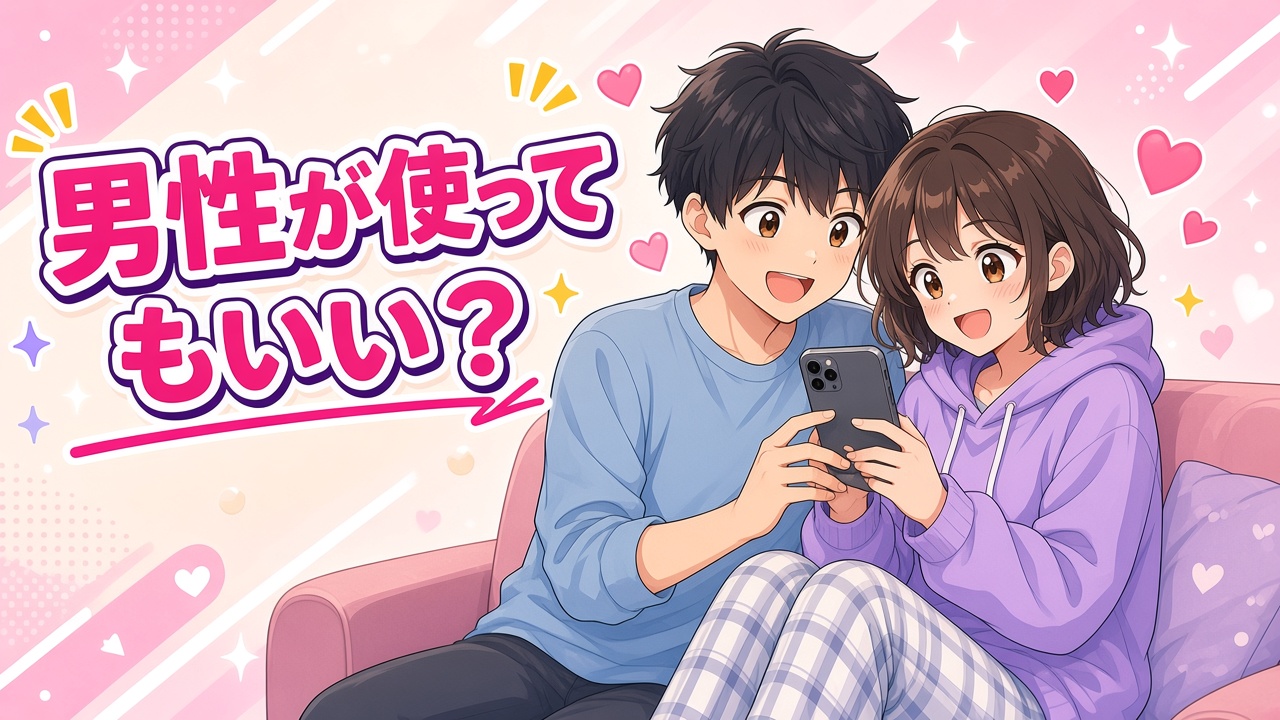 一緒にスマホを見て盛り上がる男女と「男性が使ってもいい？」の文字（AIイラスト）