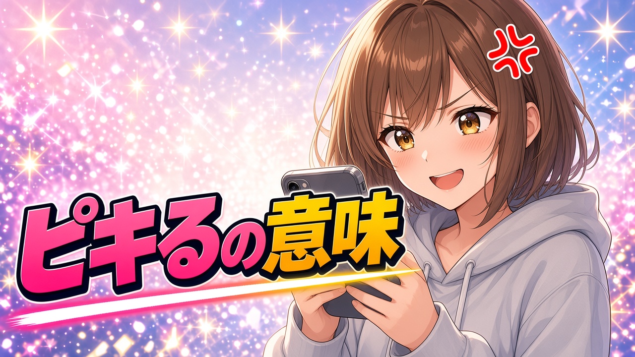 スマホを見て笑顔のままこめかみに青筋マークが浮かぶ茶髪ボブの女性と「ピキるの意味」の文字（AIイラスト）