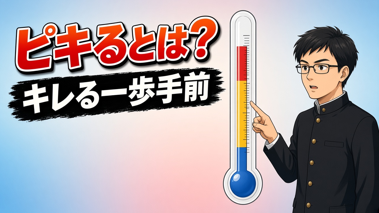 赤・黄・青に色分けされた温度計を指差す学ラン姿の眼鏡の男子高校生と「ピキるとは？ キレる一歩手前」の文字（AIイラスト）