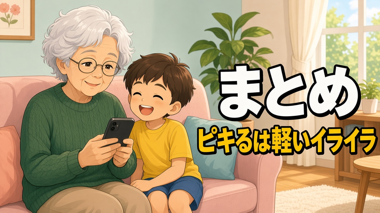 ソファでスマホを見て笑う眼鏡の白髪の女性と孫の男の子と「まとめ ピキるは軽いイライラ」の文字（AIイラスト）