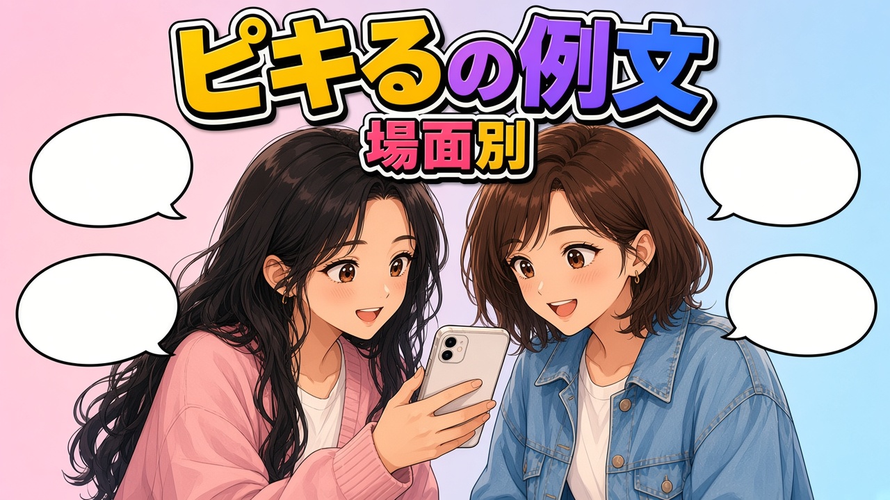 空の吹き出しに囲まれて一緒にスマホを見る黒髪ロングの女性と茶髪の女性と「ピキるの例文 場面別」の文字（AIイラスト）