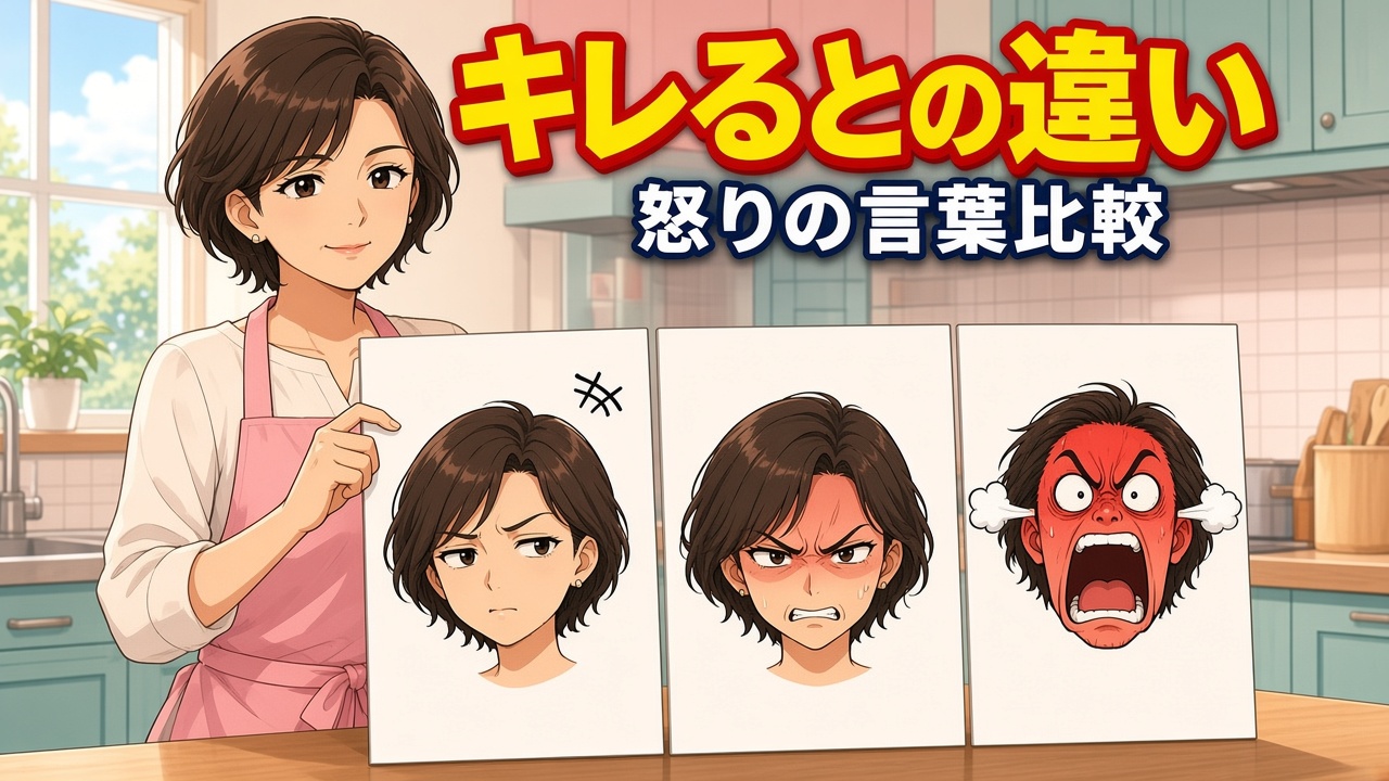 キッチンでムッ・カチン・激怒の3段階の表情カードを並べるエプロン姿のショートヘアの女性と「キレるとの違い 怒りの言葉比較」の文字（AIイラスト）