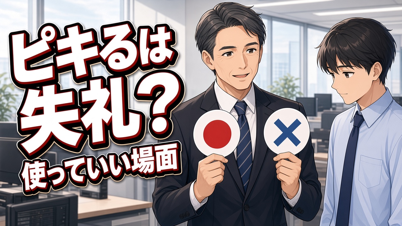 オフィスで○と×の札を持つスーツ姿の白髪混じりの男性と頷く若手男性社員と「ピキるは失礼？ 使っていい場面」の文字（AIイラスト）