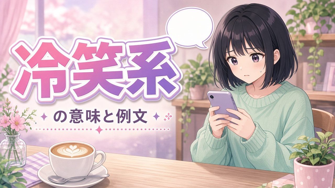 カフェでスマホを見て戸惑う黒髪ボブの女性と「冷笑系の意味と例文」の文字（AIイラスト）