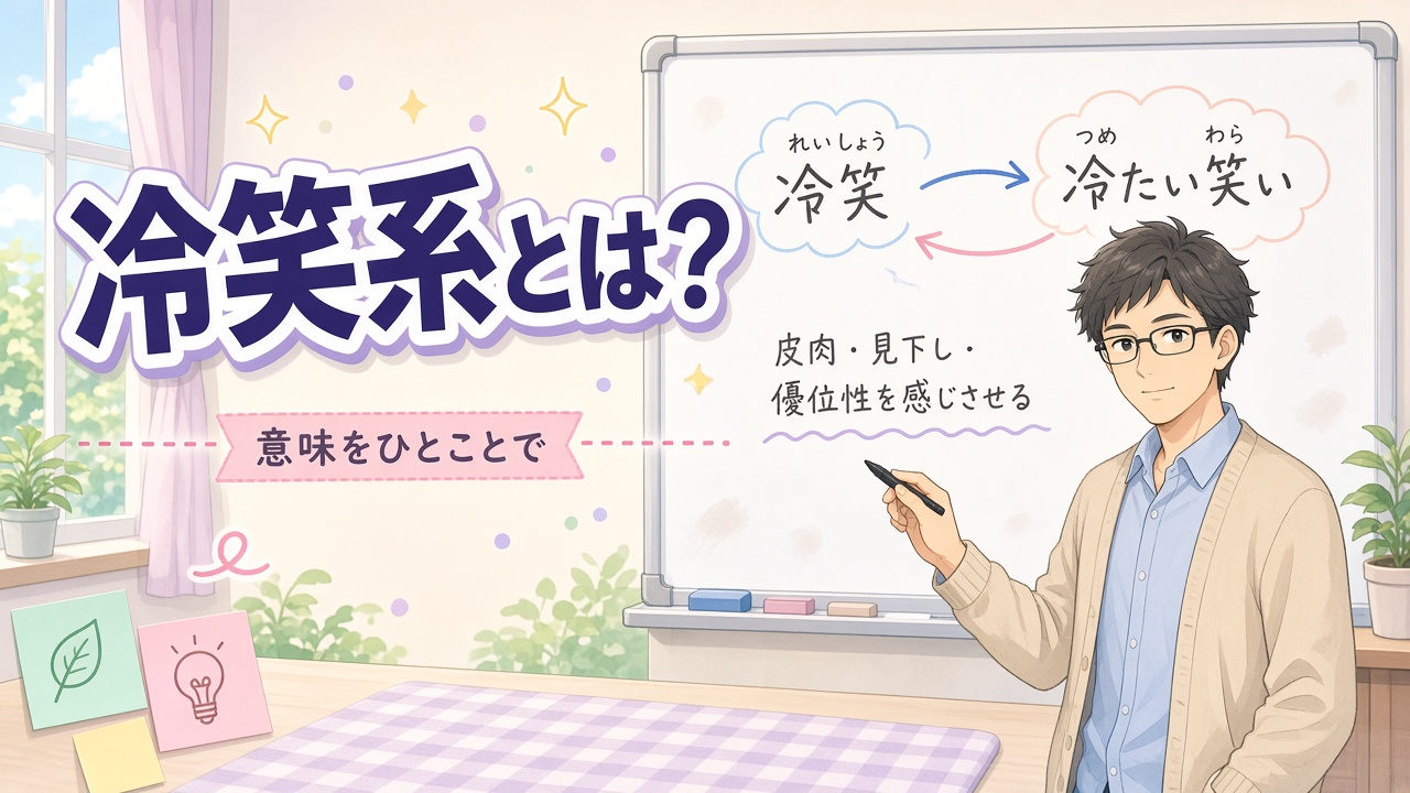 ホワイトボードの前で矢印を使って説明する眼鏡の男性と「冷笑系とは? 意味をひとことで」の文字(AIイラスト)