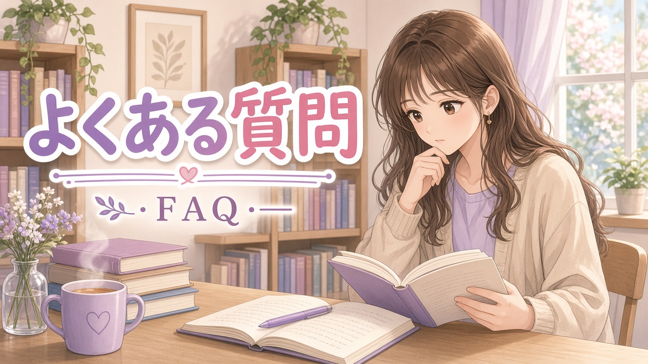 図書館で本を広げて考え込む女性と「よくある質問 FAQ」の文字(AIイラスト)