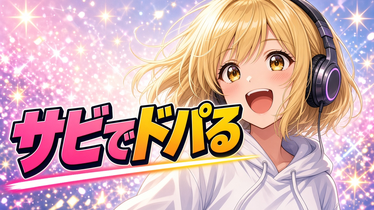 ヘッドホンで曲を聴いて笑顔になる金髪ボブの女性と「サビでドパる」の文字（AIイラスト）