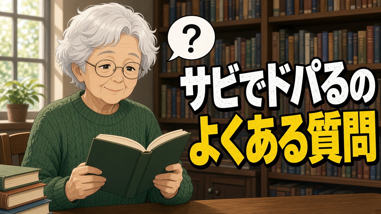 図書館で本を開いて首をかしげる白髪の年配女性と「サビでドパるのよくある質問」の文字（AIイラスト）