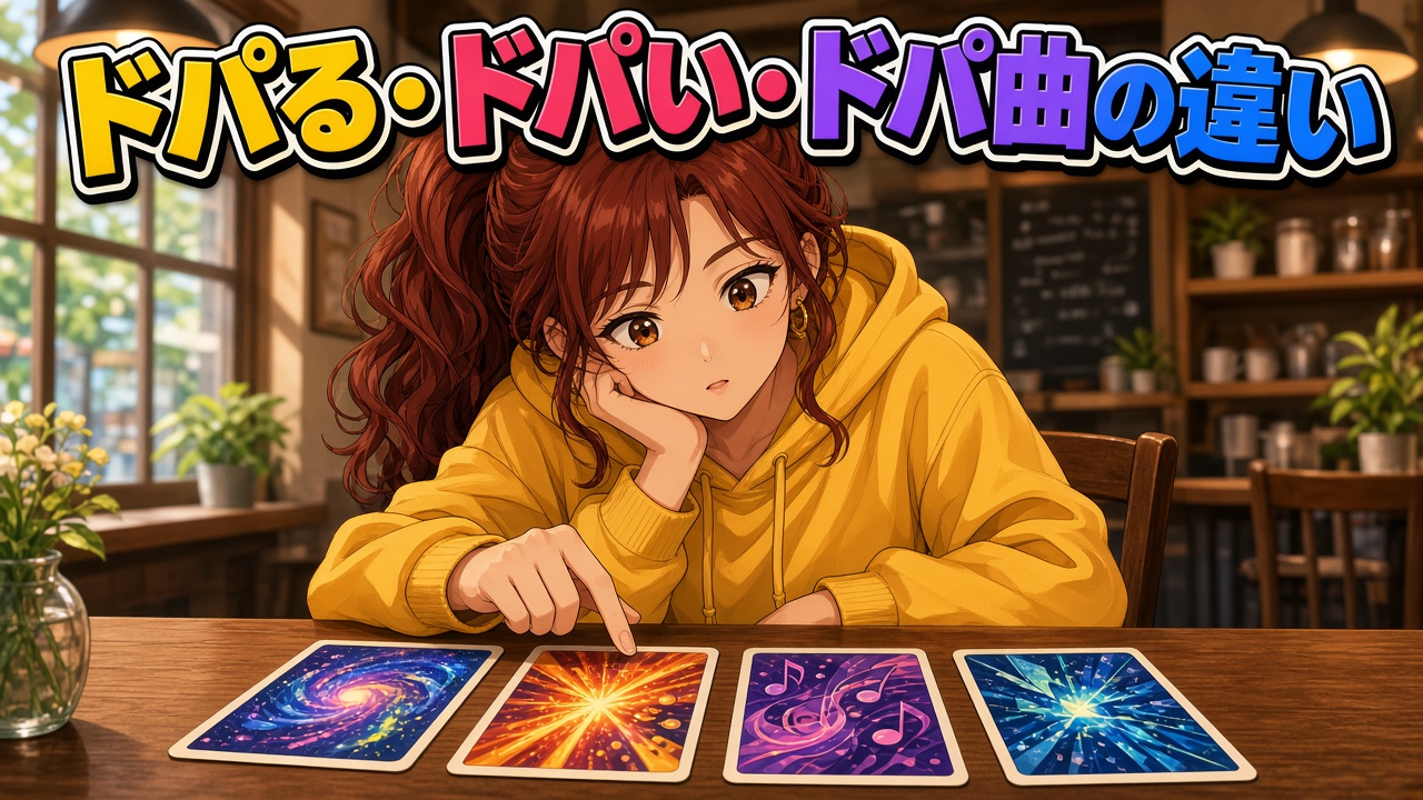 カフェで4枚のカードを見比べる赤茶髪ポニーテールの女性と「ドパる・ドパい・ドパ曲の違い」の文字（AIイラスト）