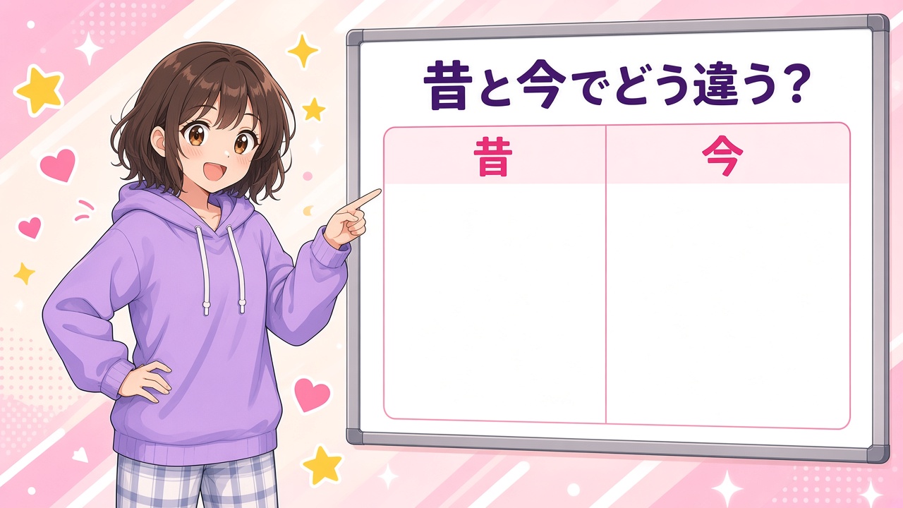 昔と今を比べるボードを指す女の子と「昔と今でどう違う？」の文字（AIイラスト）