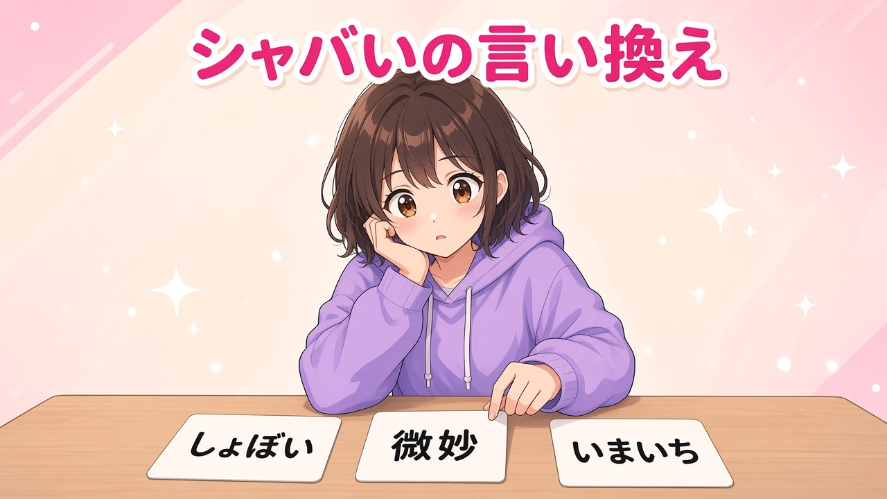 言葉のカードを選ぶ女の子と「シャバいの言い換え」の文字（AIイラスト）