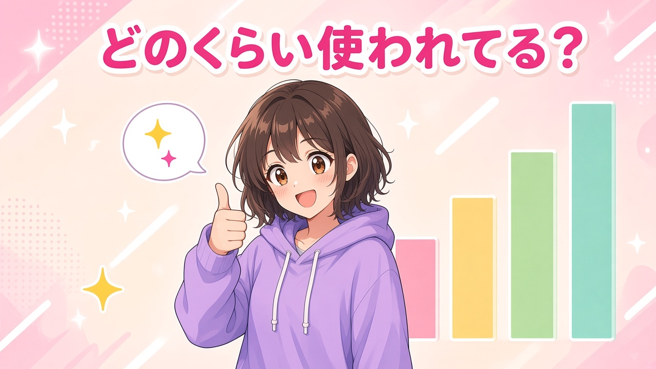 棒グラフの横でサムズアップする女の子と「どのくらい使われてる？」の文字（AIイラスト）