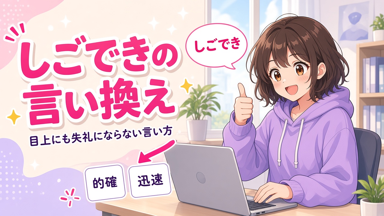 オフィスでノートPCの前で親指を立てる女の子と丁寧な言葉のカード、「しごできの言い換え」「目上にも失礼にならない言い方」の文字（AIイラスト）