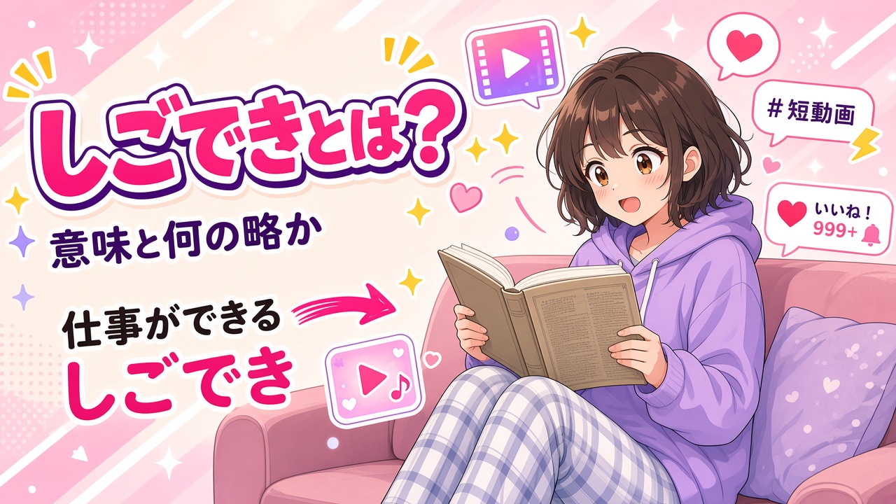 辞書を開いて「仕事ができる」が「しごでき」に縮む図を見る女の子と「しごできとは？」の文字（AIイラスト）