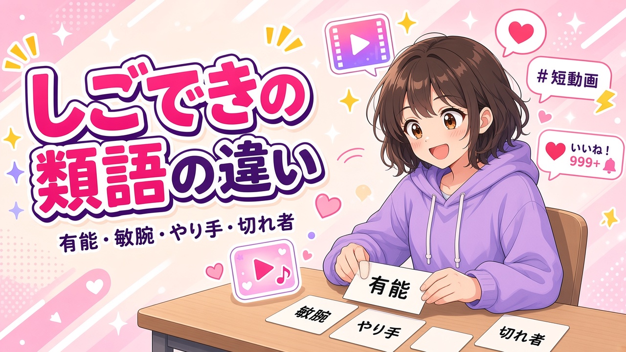 言葉カードを並べて比べる女の子と「しごできの類語の違い」の文字（AIイラスト）