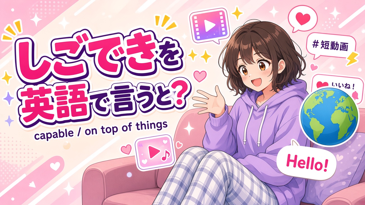 地球儀の横で英語の吹き出しを話す女の子と「しごできを英語で言うと？」の文字（AIイラスト）