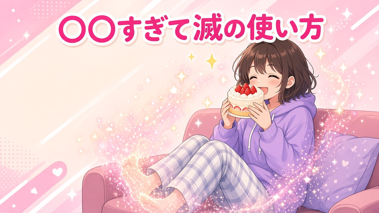 ケーキを食べてキラキラ消えかける女の子と「〇〇すぎて滅の使い方」の文字（AIイラスト）