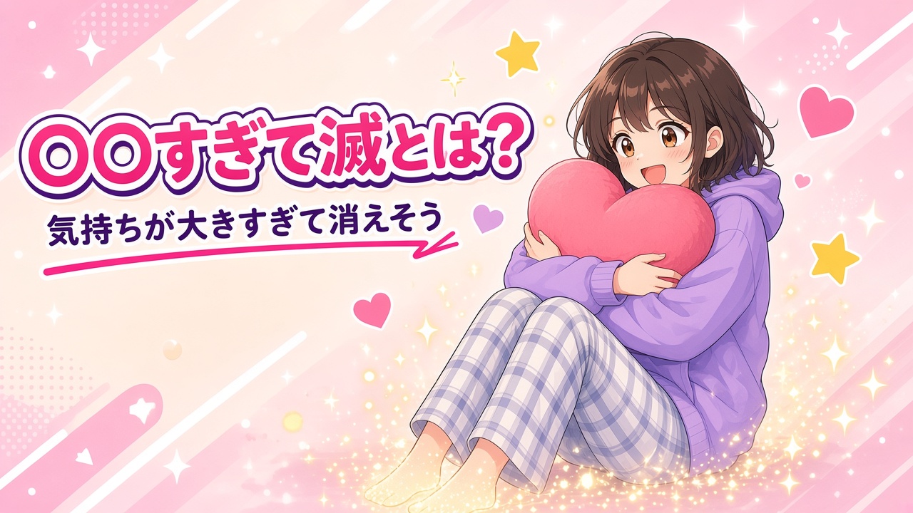 ハートを抱えて足元から消えていく女の子と「〇〇すぎて滅とは?」の文字(AIイラスト)