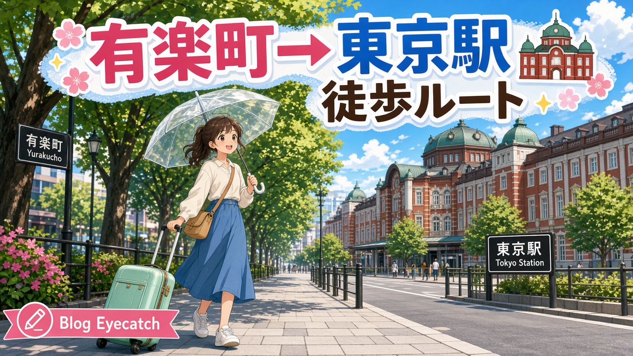 スーツケースを引いて東京駅へ歩く女の子と「有楽町→東京駅 徒歩ルート」の文字（AIイラスト）